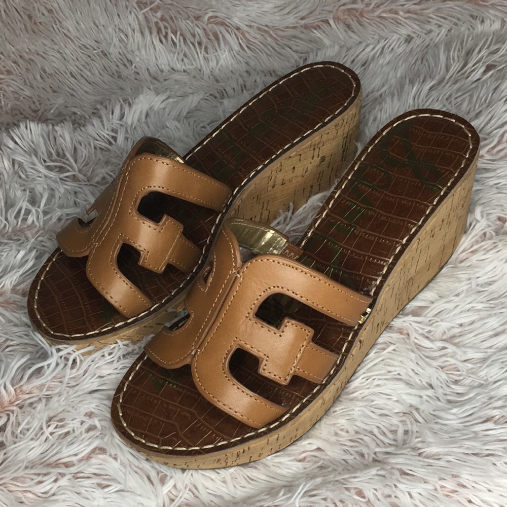 Sam Edelman Tan Brown Cork Wedge Slide Sandals